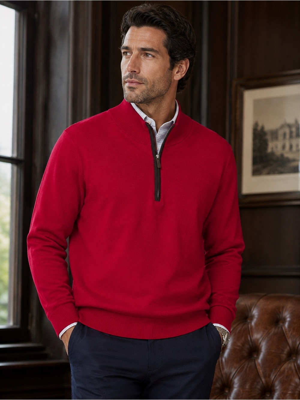 Hart Schaffner Marx Red Merino Wool Quarter Zip Sweater Men’s XL Classic Preppy